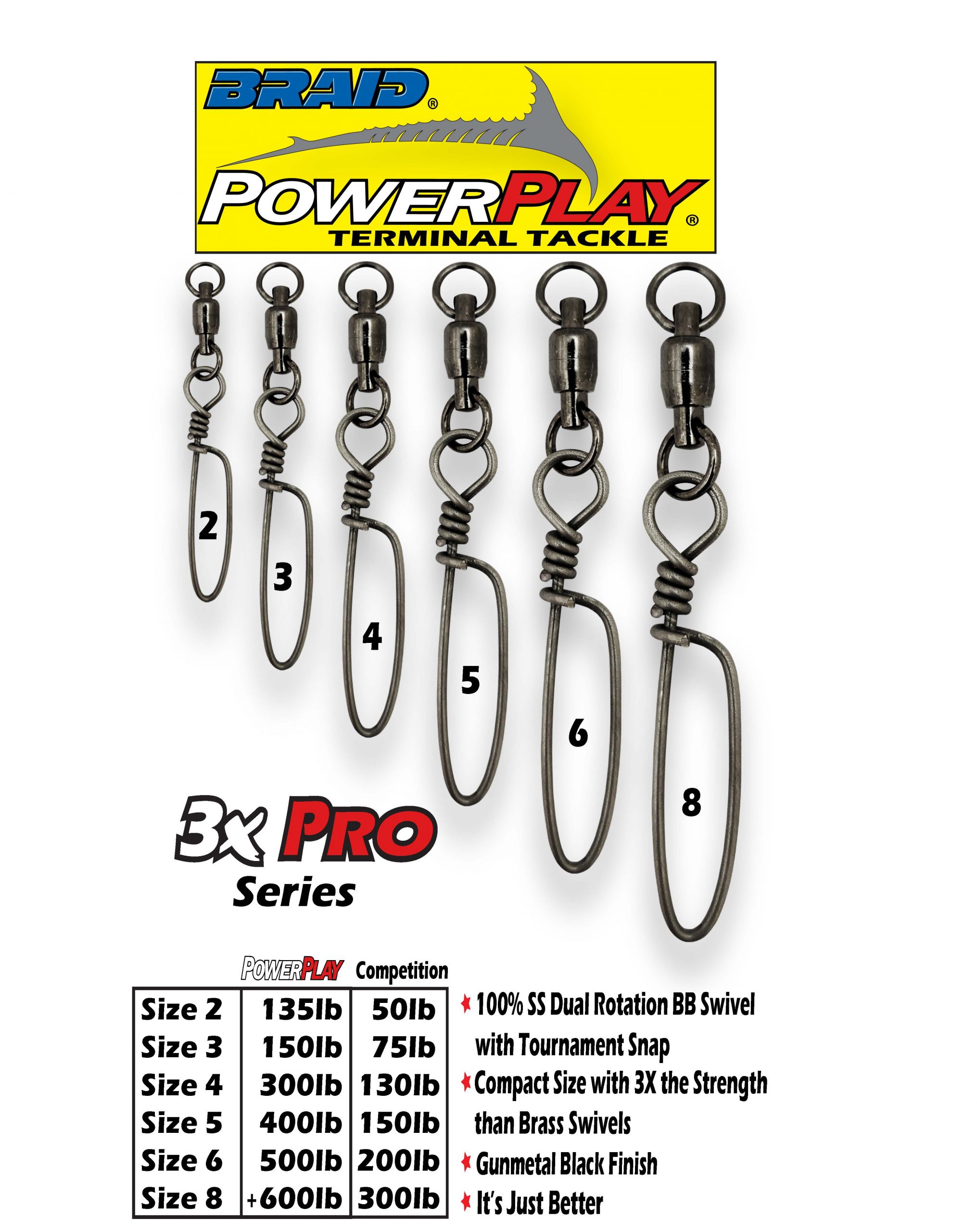 6 Tournament Snap Swivels. Pack of 10. Suits 10-24kg tackle